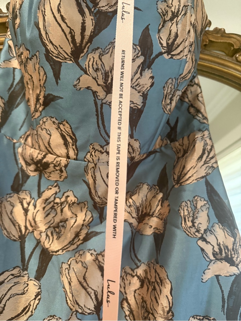 Lulu's Slate Blue Floral Jacquard Mermaid Gown - Picture 6 of 6